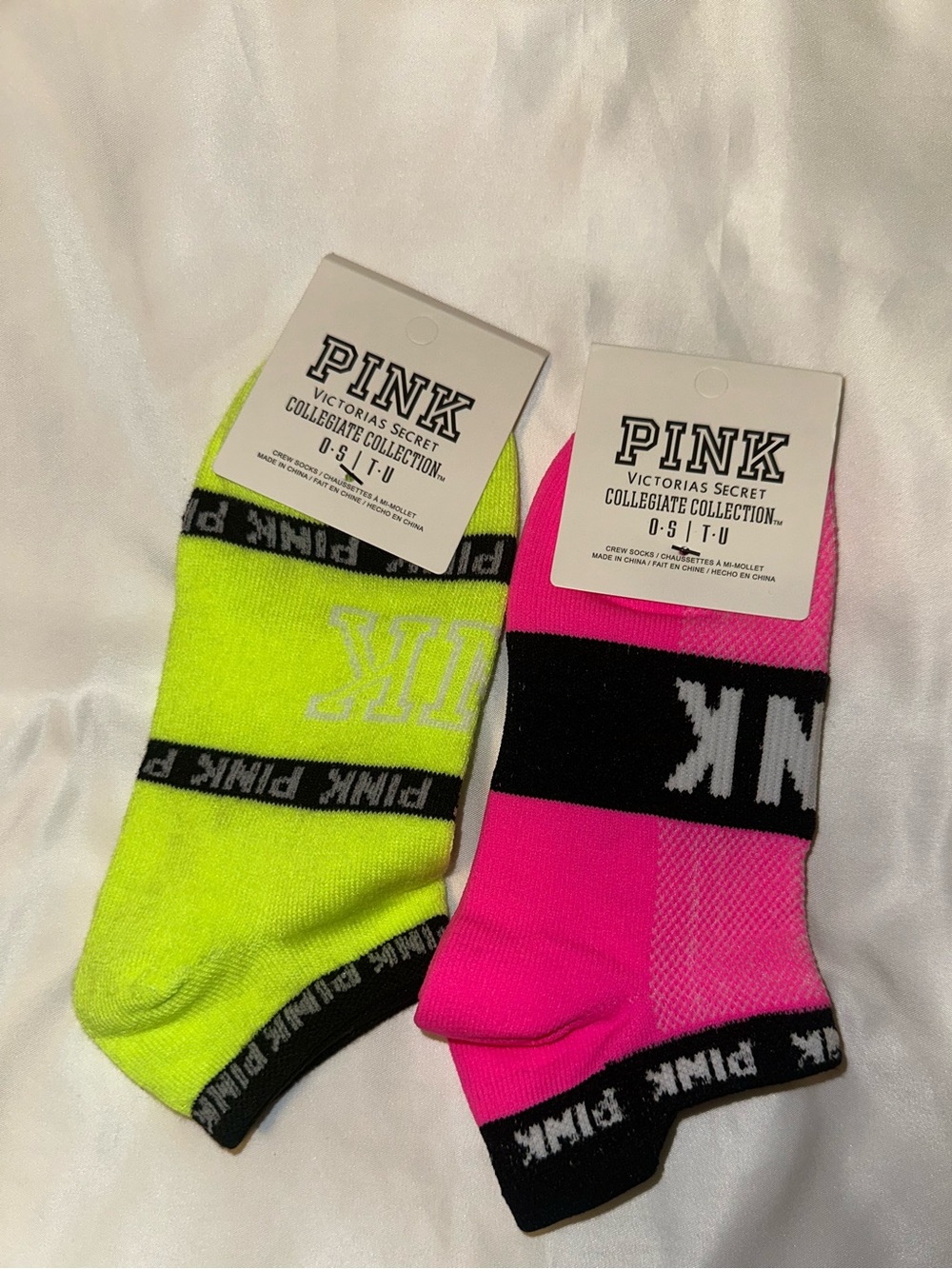 Victoria’s Secret PINK Collegiate Crew Socks Neon Pink Yellow 2 Pair NWT